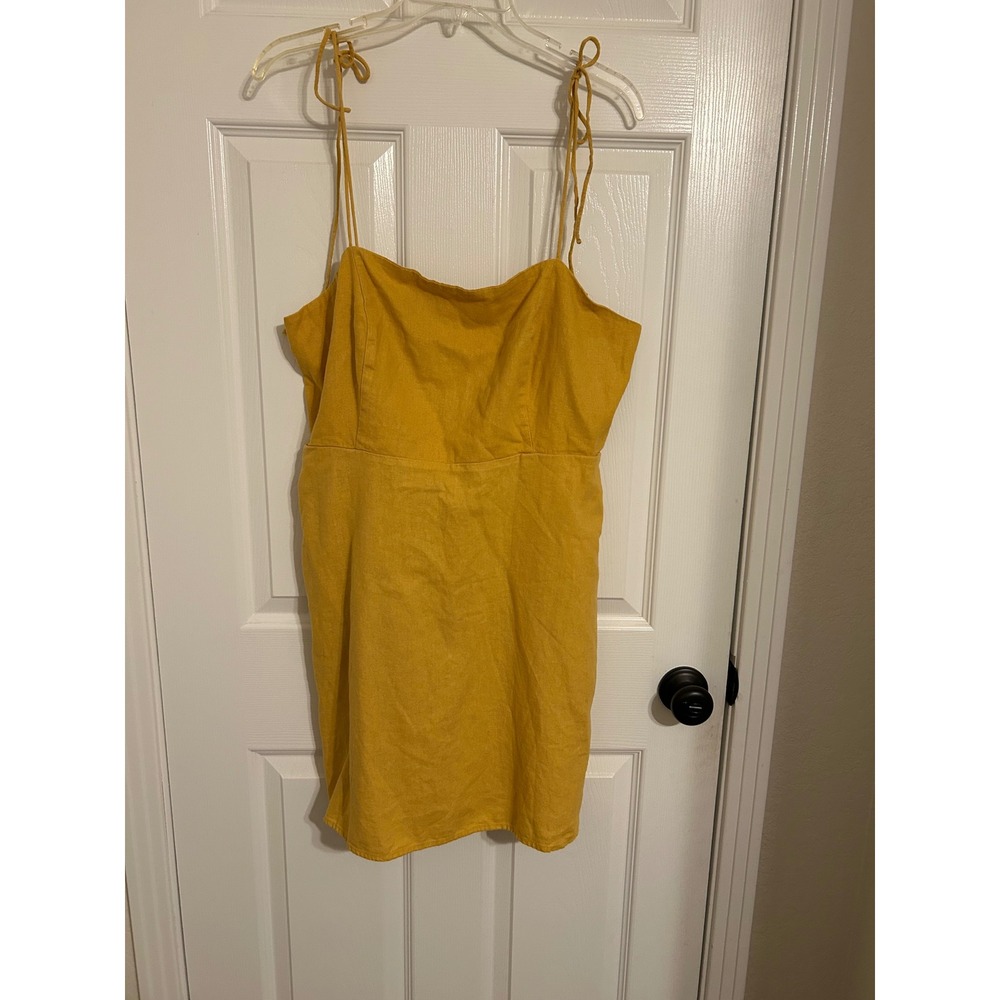 Old Navy Women's XL Yellow Linen Blend Tie‎ Strap Smocked Mini Dress W/Pockets